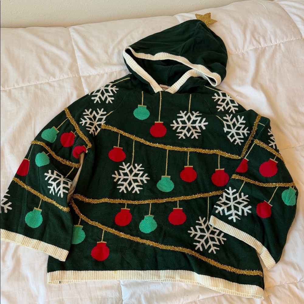 Well Worn Green Holiday Sweater with Red and Gold Accents